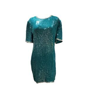 VINTAGE Magique silk lined teal sequin short sleeve party dress size MEDIUM